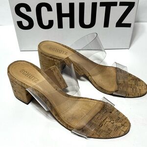 SCHUTZ Slide Sandal Women's Victorie Cork Heel Tansparent/Vinil Size 9B